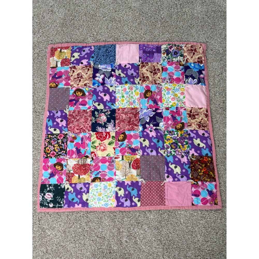 Y2K Handmade Dora the Explorer Patchwork Pink Baby Quilt Kidcore Nickelodeon